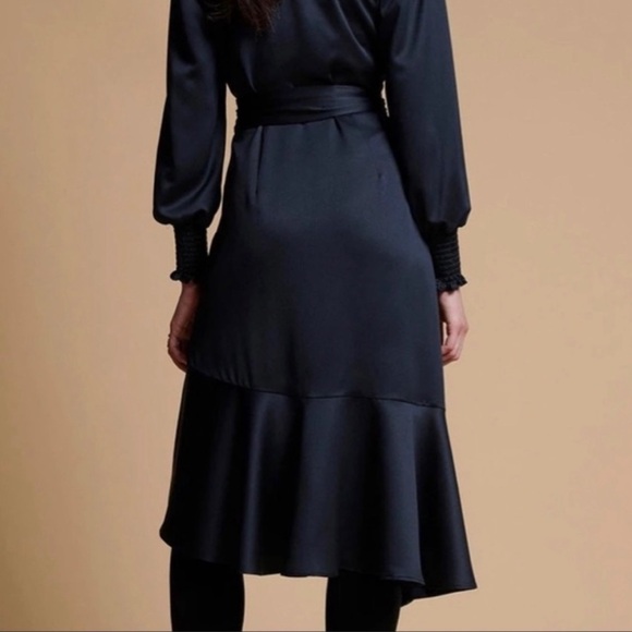 NWT Rachel Parcell Black Satin Wrap Ruffle Dress - Picture 3 of 13